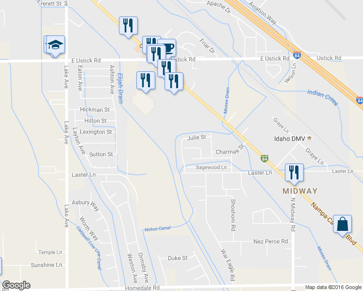 map of restaurants, bars, coffee shops, grocery stores, and more near 4618 Ann Marie Avenue in Caldwell
