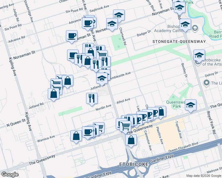 map of restaurants, bars, coffee shops, grocery stores, and more near 145 Yorkview Drive in Toronto