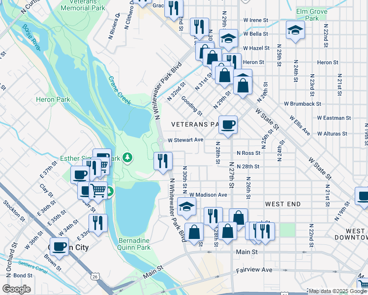 map of restaurants, bars, coffee shops, grocery stores, and more near 2910 West Stewart Avenue in Boise