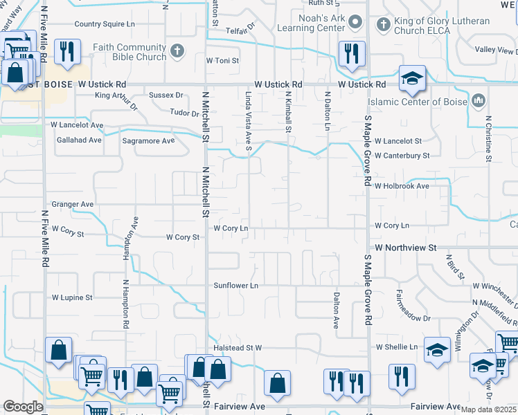 map of restaurants, bars, coffee shops, grocery stores, and more near 2640 North Linda Vista Lane in Boise