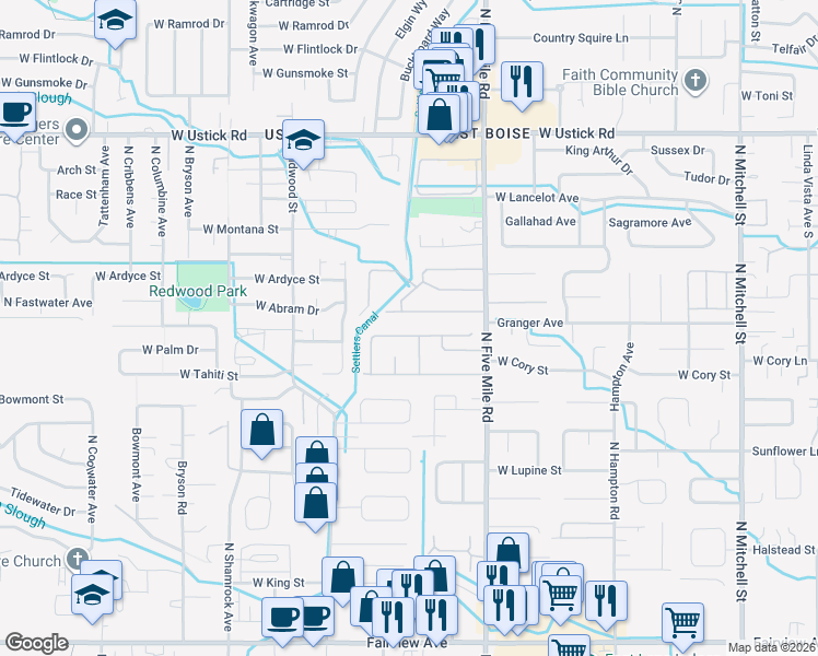map of restaurants, bars, coffee shops, grocery stores, and more near 10888 Palm Drive in Boise