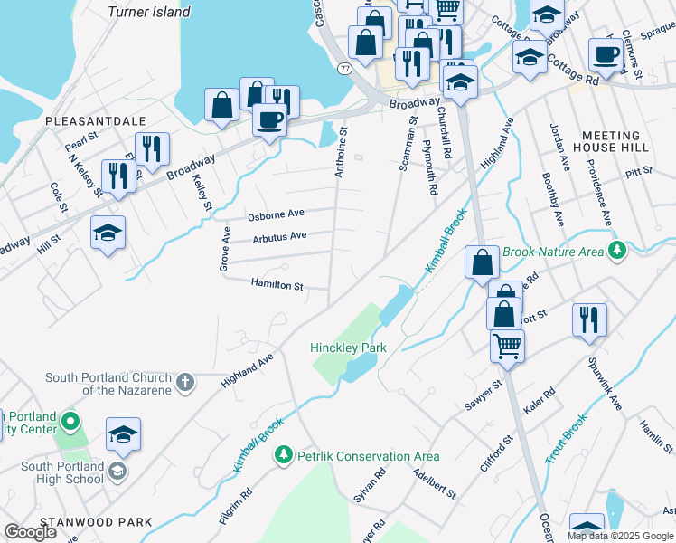 map of restaurants, bars, coffee shops, grocery stores, and more near 143 Anthoine Street in South Portland