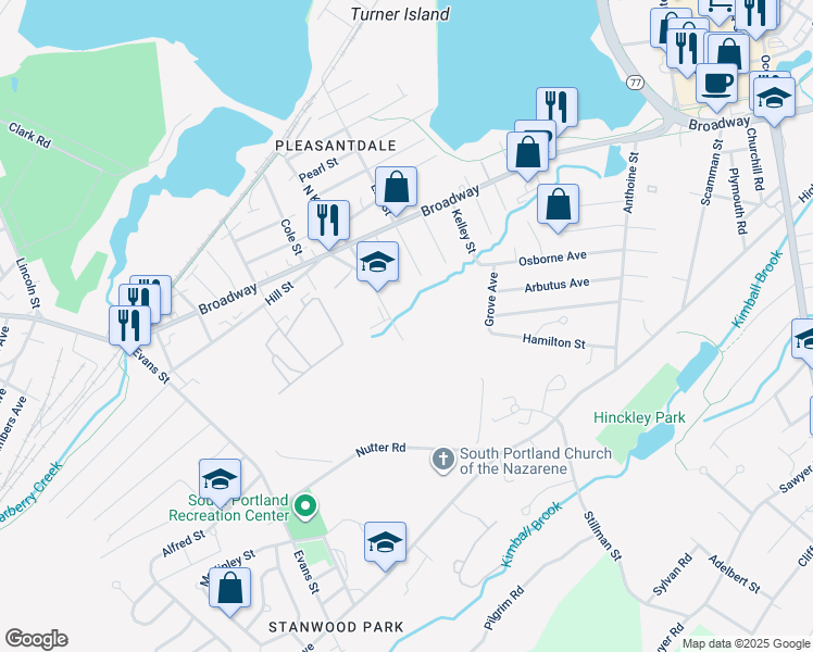 map of restaurants, bars, coffee shops, grocery stores, and more near 271 Elm Street in South Portland