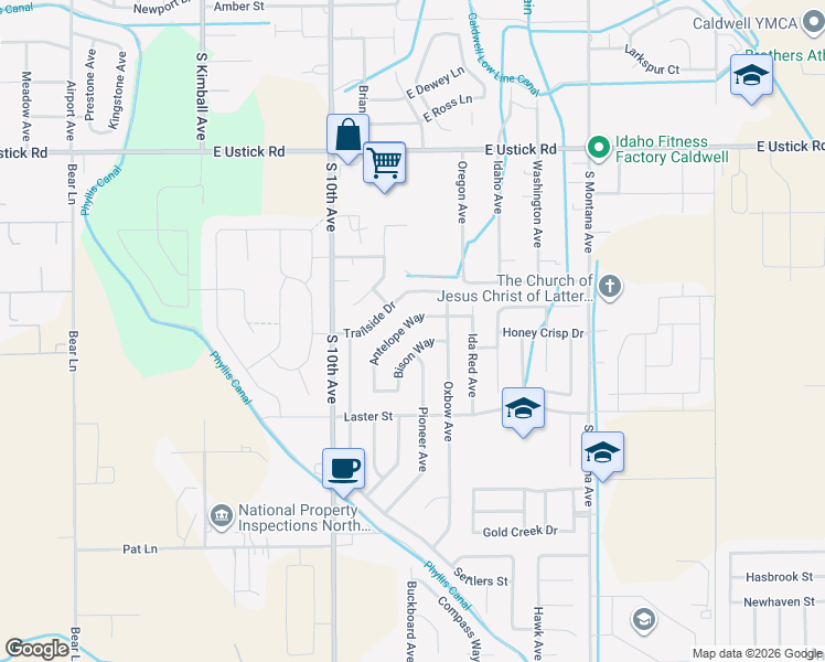 map of restaurants, bars, coffee shops, grocery stores, and more near 723 Antelope Way in Caldwell