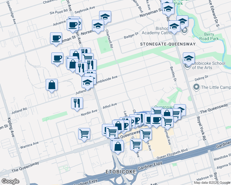 map of restaurants, bars, coffee shops, grocery stores, and more near 102 Edgecroft Road in Toronto