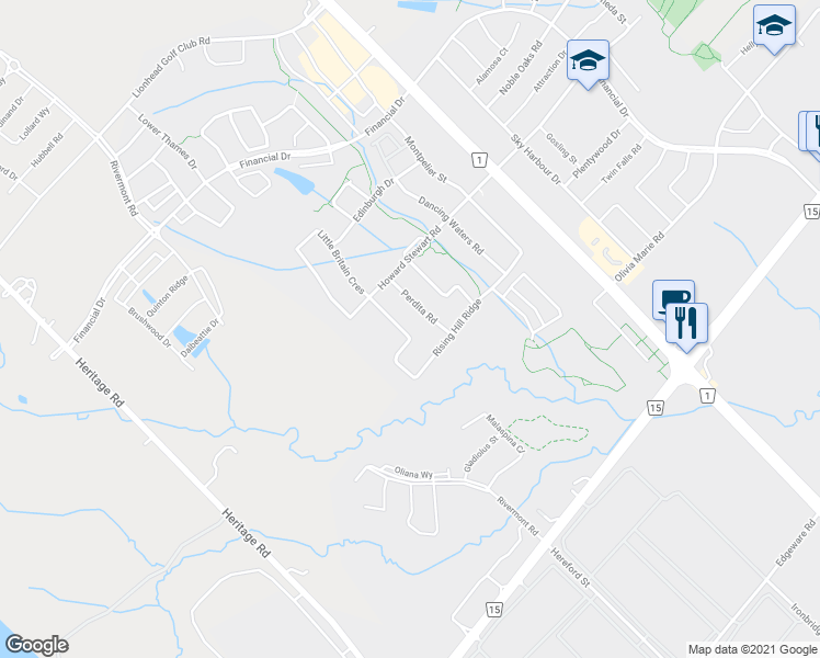 map of restaurants, bars, coffee shops, grocery stores, and more near 128 Rising Hill Ridge in Brampton