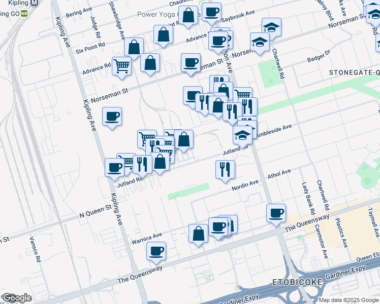 map of restaurants, bars, coffee shops, grocery stores, and more near 72 Jutland Road in Toronto