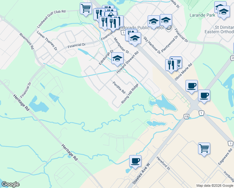 map of restaurants, bars, coffee shops, grocery stores, and more near 128 Rising Hill Ridge in Brampton