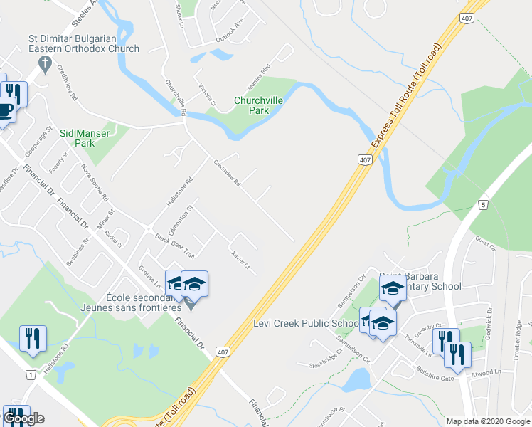 map of restaurants, bars, coffee shops, grocery stores, and more near 7534 Creditview Road in Brampton