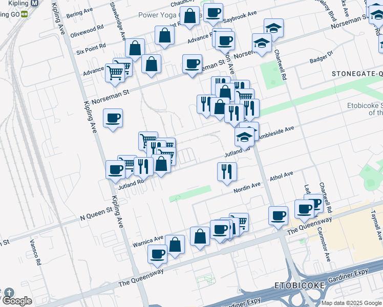 map of restaurants, bars, coffee shops, grocery stores, and more near 40 Titan Rd in Toronto