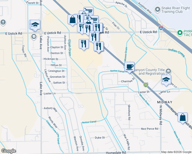 map of restaurants, bars, coffee shops, grocery stores, and more near 4610 Highgarden Way in Caldwell