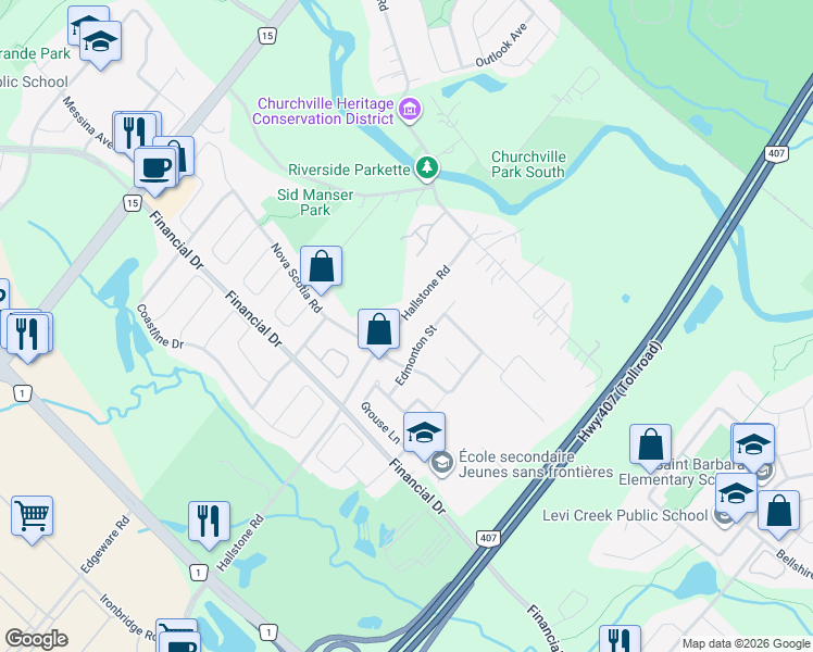 map of restaurants, bars, coffee shops, grocery stores, and more near 1599 Hallstone Road in Brampton