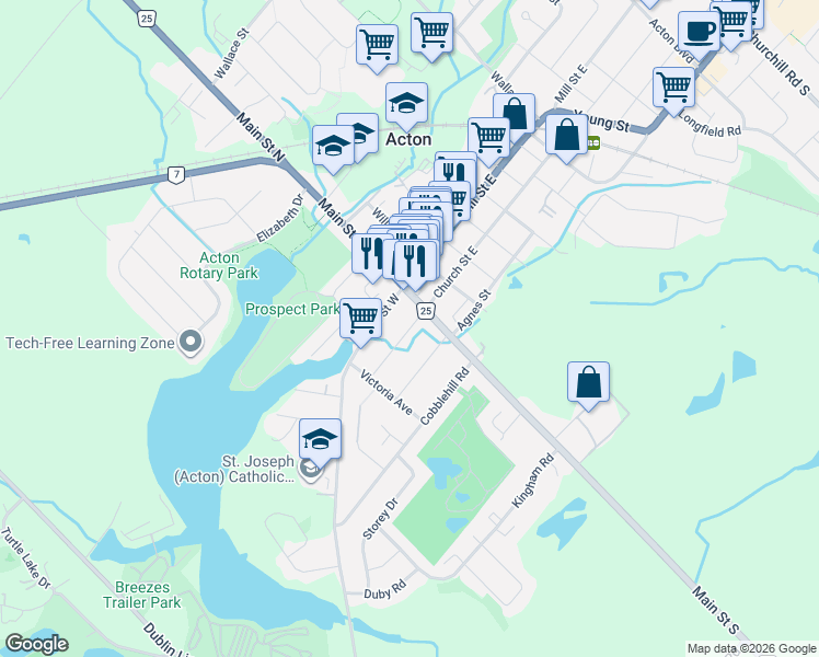map of restaurants, bars, coffee shops, grocery stores, and more near 28 Church Street West in Acton