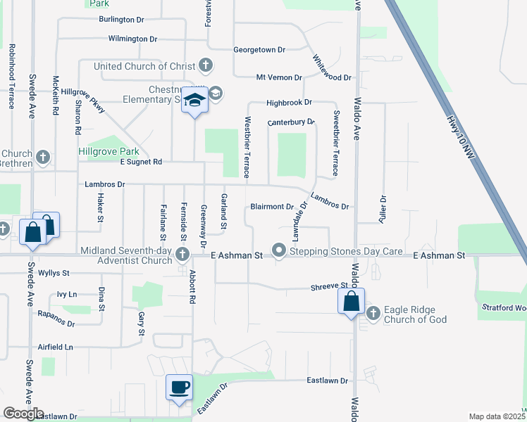 map of restaurants, bars, coffee shops, grocery stores, and more near 2805 Blairmont Drive in Midland