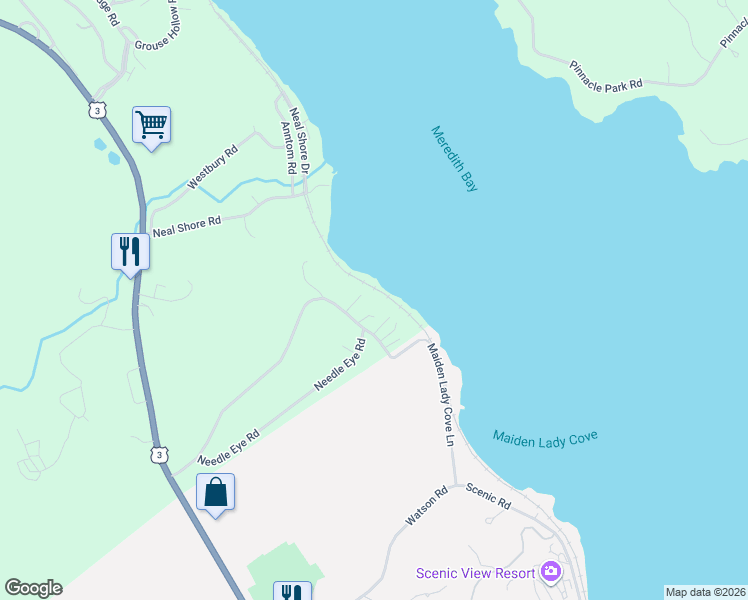 map of restaurants, bars, coffee shops, grocery stores, and more near 74 Needle Eye Road in Meredith