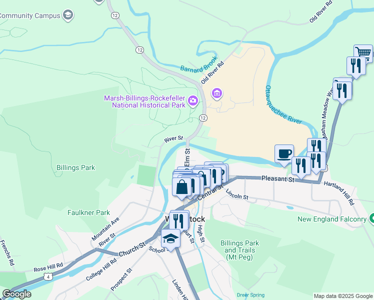 map of restaurants, bars, coffee shops, grocery stores, and more near 54 Elm Street in Woodstock