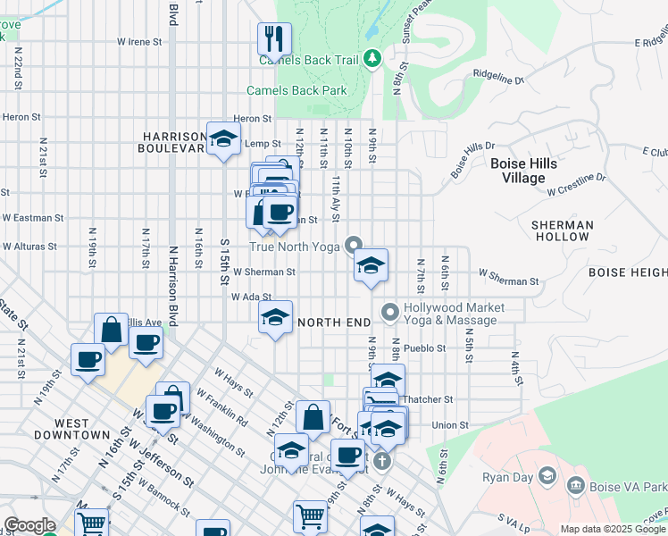 map of restaurants, bars, coffee shops, grocery stores, and more near West Sherman Street in Boise