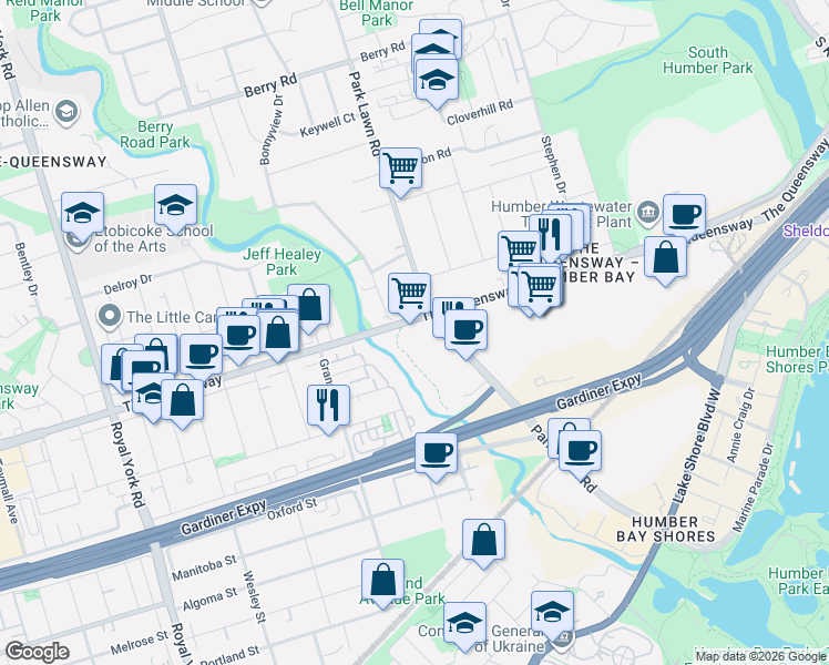 map of restaurants, bars, coffee shops, grocery stores, and more near 523 The Queensway in Toronto