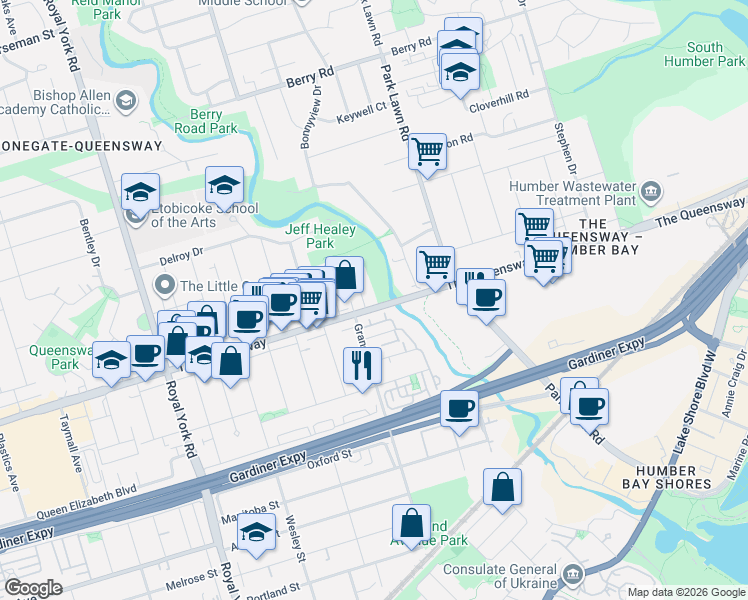 map of restaurants, bars, coffee shops, grocery stores, and more near 580 The Queensway in Toronto
