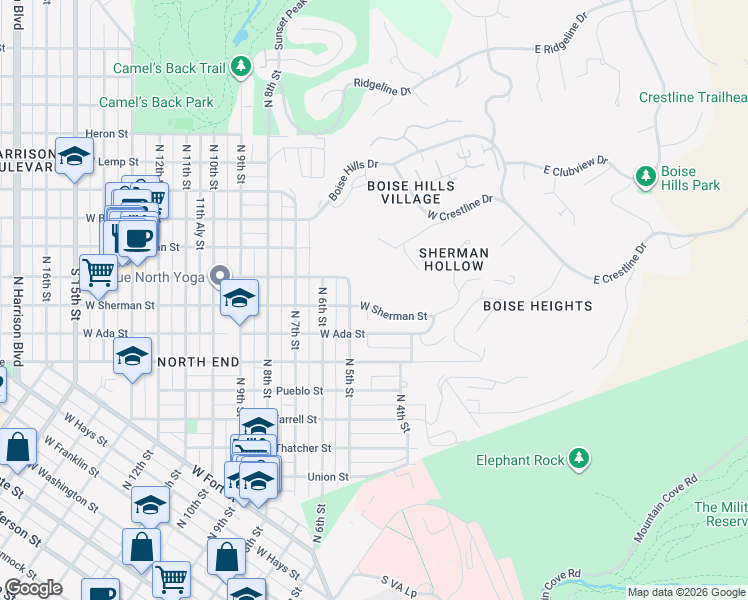 map of restaurants, bars, coffee shops, grocery stores, and more near 422 West Sherman Street in Boise