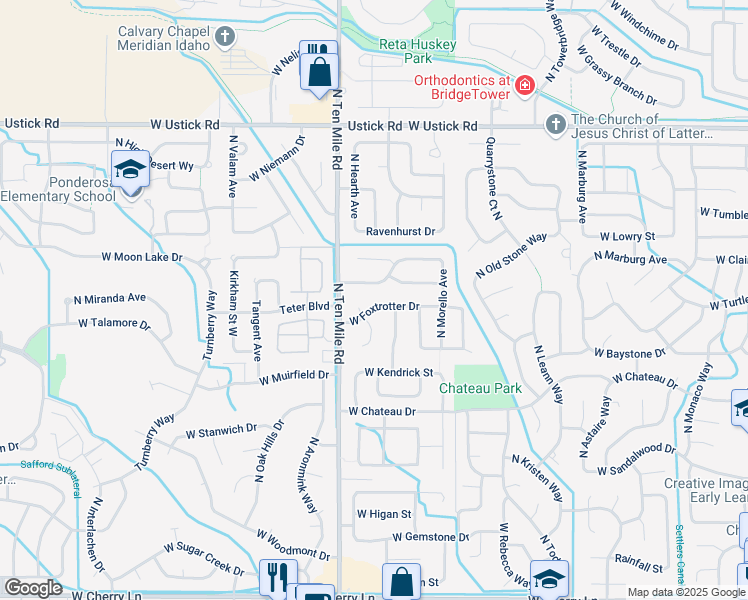 map of restaurants, bars, coffee shops, grocery stores, and more near 3021 West Fieldstream Drive in Meridian