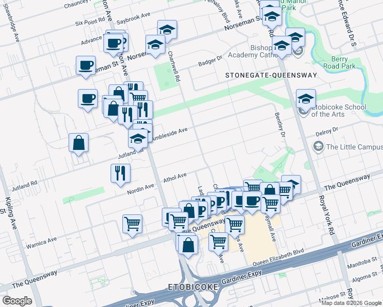 map of restaurants, bars, coffee shops, grocery stores, and more near 94 Edgecroft Road in Toronto