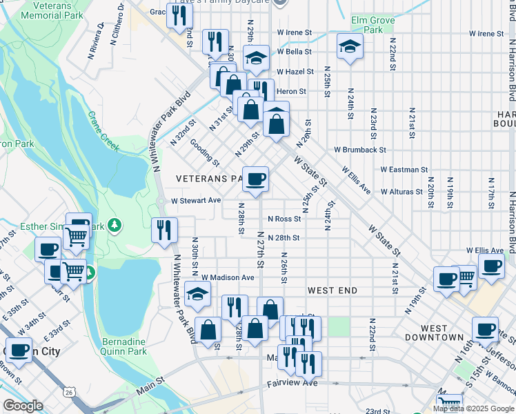 map of restaurants, bars, coffee shops, grocery stores, and more near 2731 West Stewart Avenue in Boise