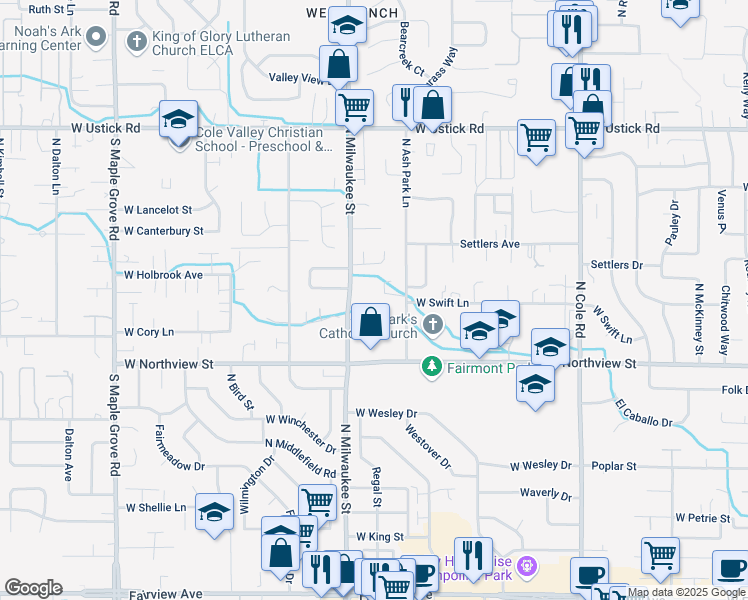 map of restaurants, bars, coffee shops, grocery stores, and more near 2600 North Milwaukee Street in Boise
