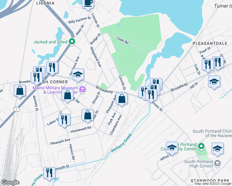 map of restaurants, bars, coffee shops, grocery stores, and more near 1215 Broadway in South Portland