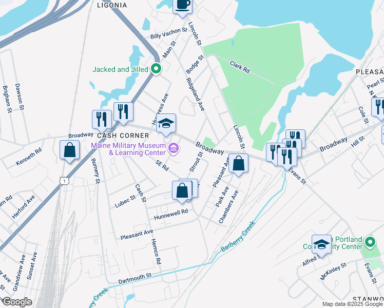 map of restaurants, bars, coffee shops, grocery stores, and more near 1286 Broadway in South Portland