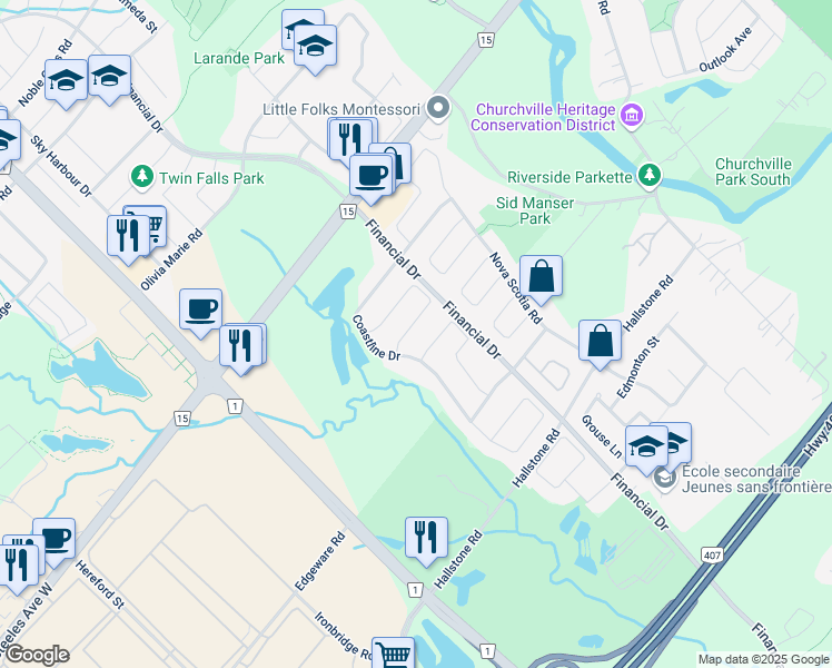 map of restaurants, bars, coffee shops, grocery stores, and more near 43 Mediterranean Crescent in Brampton