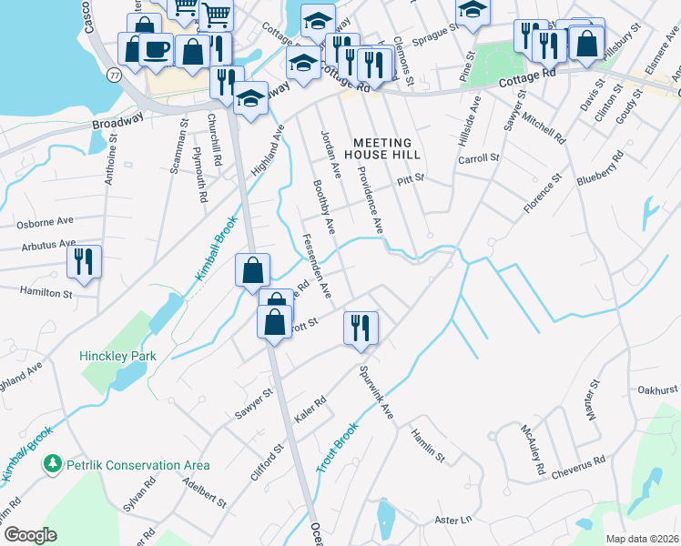map of restaurants, bars, coffee shops, grocery stores, and more near 156 Boothby Avenue in South Portland
