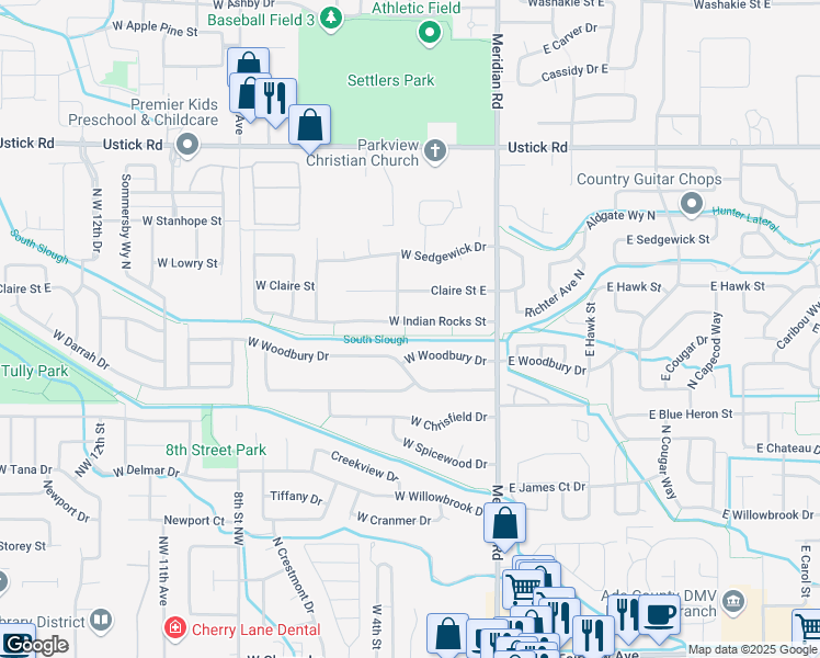 map of restaurants, bars, coffee shops, grocery stores, and more near 261 West Indian Rocks Street in Meridian