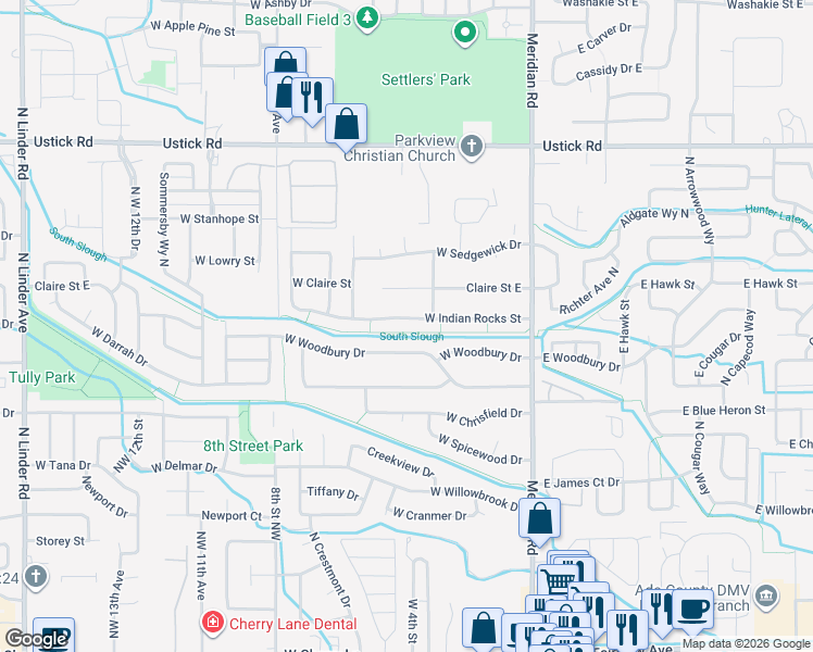 map of restaurants, bars, coffee shops, grocery stores, and more near 378 West Indian Rocks Street in Meridian