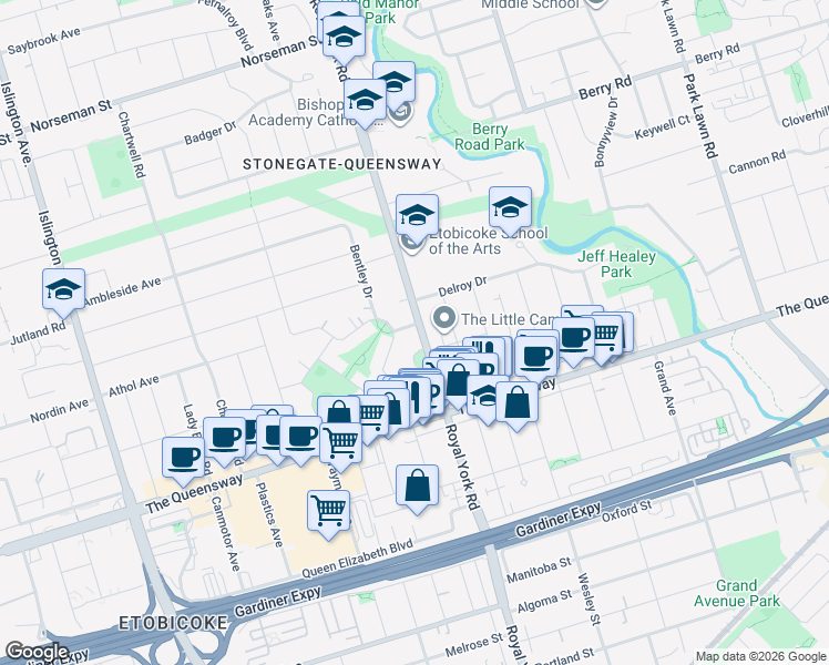 map of restaurants, bars, coffee shops, grocery stores, and more near 1 Frankwood Road in Toronto