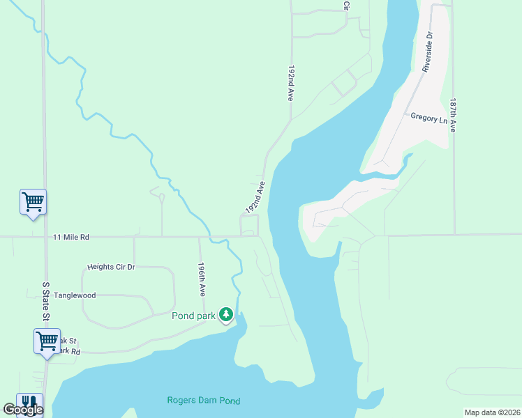 map of restaurants, bars, coffee shops, grocery stores, and more near 11080 Riverview Drive in Big Rapids