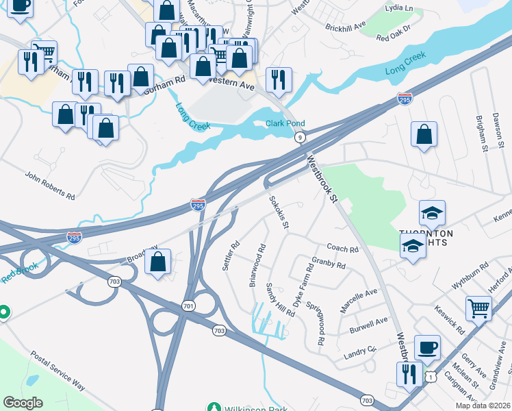 map of restaurants, bars, coffee shops, grocery stores, and more near 1946 Broadway in South Portland