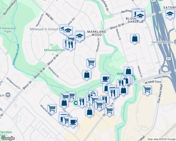 map of restaurants, bars, coffee shops, grocery stores, and more near 8 Markwood Crescent in Toronto