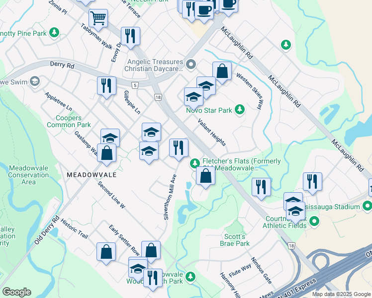 map of restaurants, bars, coffee shops, grocery stores, and more near 6863 Simpson Pioneer Trail in Mississauga