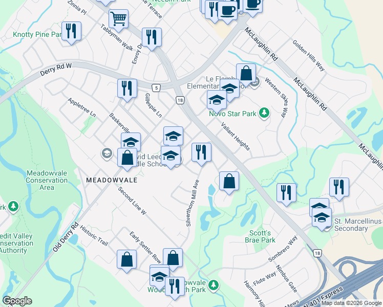 map of restaurants, bars, coffee shops, grocery stores, and more near 911 Golden Farmer Way in Mississauga