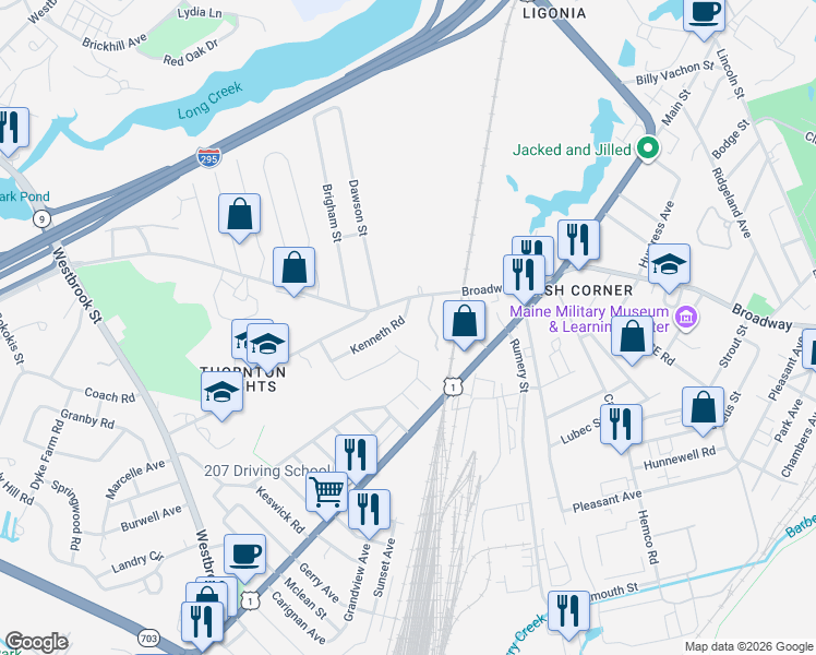map of restaurants, bars, coffee shops, grocery stores, and more near 2 Jamestown Court in South Portland