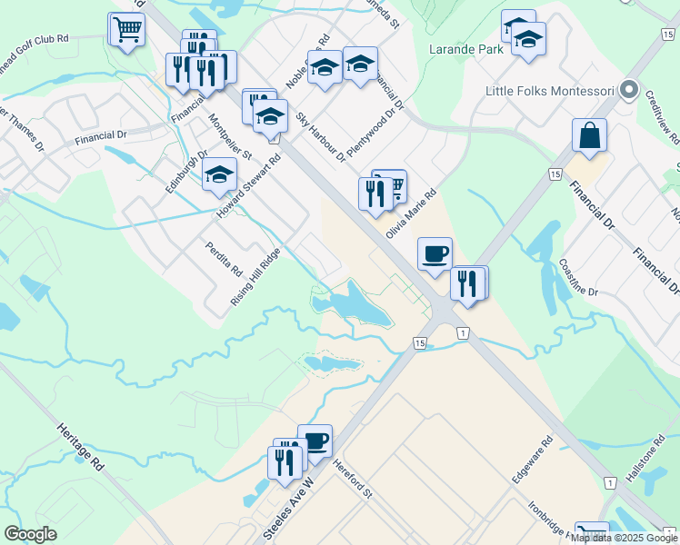 map of restaurants, bars, coffee shops, grocery stores, and more near 1 Beckenrose Court in Brampton