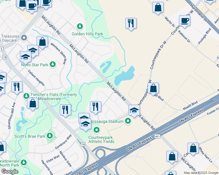 map of restaurants, bars, coffee shops, grocery stores, and more near 6616 McLaughlin Road in Mississauga