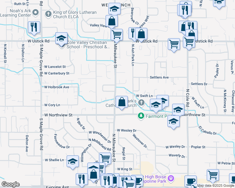 map of restaurants, bars, coffee shops, grocery stores, and more near 2600 North Milwaukee Street in Boise