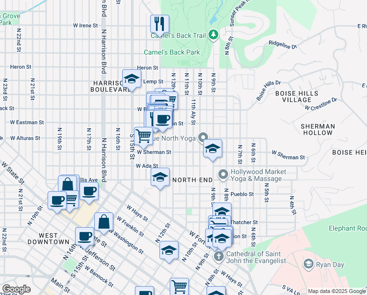 map of restaurants, bars, coffee shops, grocery stores, and more near 1119 West Alturas Street in Boise