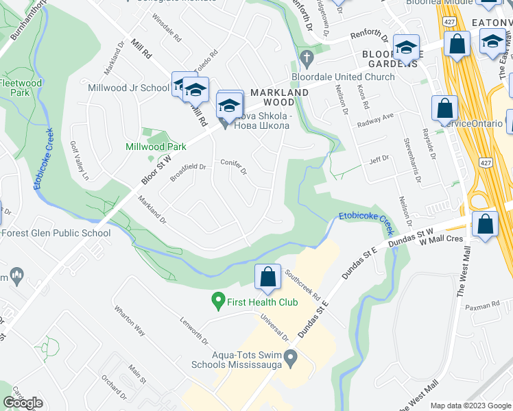 map of restaurants, bars, coffee shops, grocery stores, and more near 8 Markwood Crescent in Toronto
