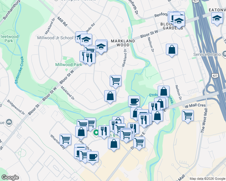 map of restaurants, bars, coffee shops, grocery stores, and more near 8 Markwood Crescent in Toronto