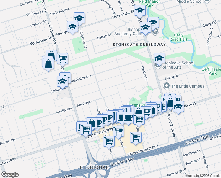 map of restaurants, bars, coffee shops, grocery stores, and more near in Toronto