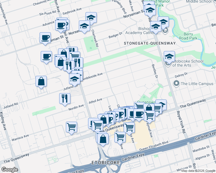 map of restaurants, bars, coffee shops, grocery stores, and more near 88 Edgecroft Road in Toronto