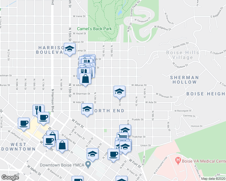 map of restaurants, bars, coffee shops, grocery stores, and more near 1615 North 9th Street in Boise